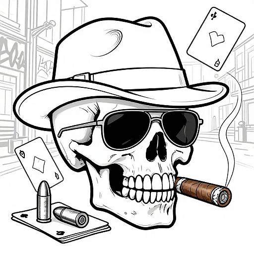 Black-and-white digital drawing of a skull in a fedora, sunglasses, cigar, playing cards, and bullets scattered around. Urban background.