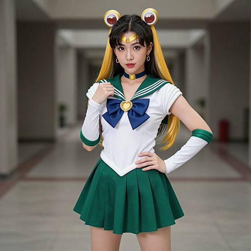 Photograph of an Asian woman cosplaying Sailor Moon, wearing a green and white magical girl outfit, headpiece with cat ears, in a blurred hallway