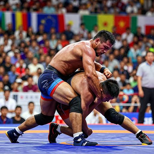 Photograph of intense wrestling match: muscular man with dark hair in blue and black shorts pins opponent to mat, both sweating, crowd blurred in background,