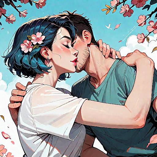 Couple Embracing with Cherry Blossoms