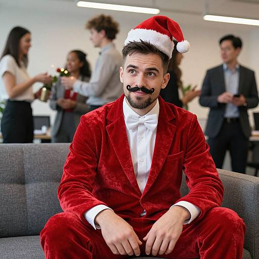 Photograph of a bearded man in a red velvet Santa suit with a mustache, sitting on a gray sofa, blurred office background with colleagues.