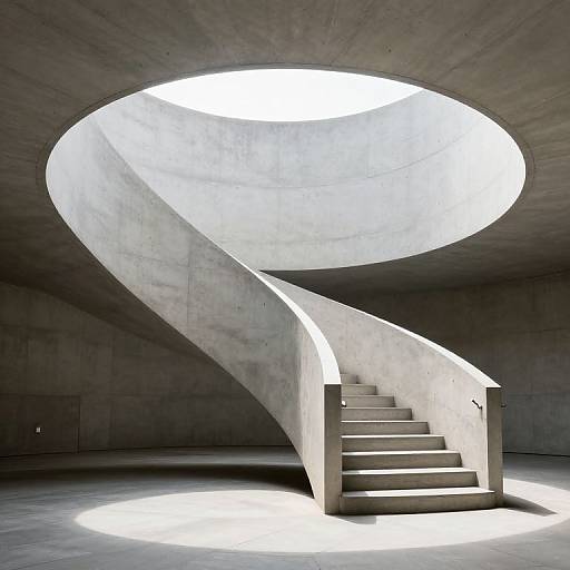 Photograph of a modern, concrete spiral staircase with smooth, flowing curves, ascending to a large circular skylight in a minimalist, grey-walled