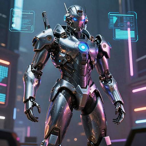 Futuristic AI Warrior in Cyberpunk City
