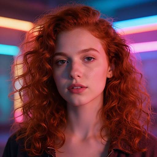 Photograph of a fair-skinned, red-haired woman with curly hair, blue eyes, and pink lips, illuminated by colorful neon lights in a modern