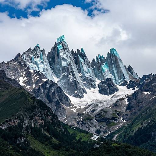 Photograph of a rugged mountain peak with jagged, snow-capped peaks and glowing blue highlights under a bright, partly cloudy sky.