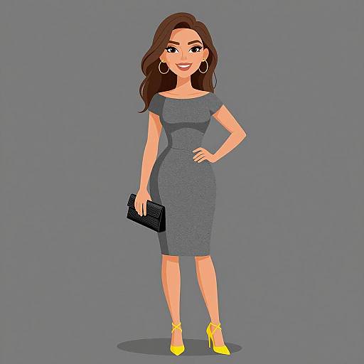 Digital illustration of a smiling woman with long brown hair, wearing a gray off-shoulder dress, yellow high heels, hoop earrings, and holding a