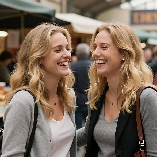Joyful Women Laughing at Market