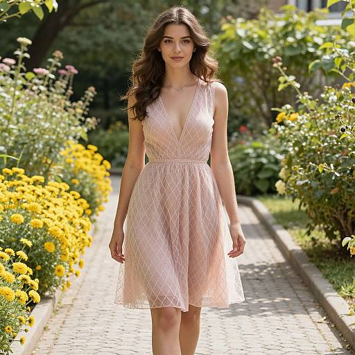 Photograph of a young woman with long brown hair wearing a sheer, pink, diamond-patterned, V-neck dress, walking down a sunlit garden