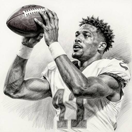 Black-and-white sketch of a muscular Black man with short curly hair, wearing a football jersey, throwing an American football with intense focus.