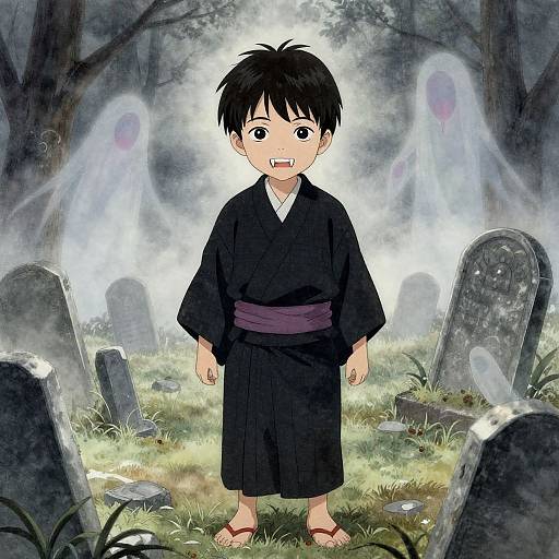 Anime-style drawing of a scared young boy in a black kimono standing in a spooky graveyard with ghostly figures and tombstones.