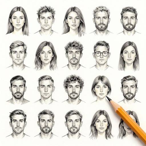 Black-and-white sketch of 20 diverse male and female faces, pencil drawings, with an orange pencil on the lower right.