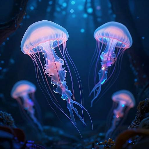 Photograph of glowing blue and pink jellyfish with translucent bell-shaped bodies and flowing tentacles, illuminated in a dark, underwater oceanic setting.