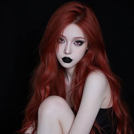 Photograph of a pale, red-haired woman with black lipstick and heavy eye makeup, sitting against a black background, knees drawn to her chest. Gothic