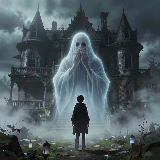 Digital art: Silhouetted figure stands before eerie, glowing ghost in front of dark, gothic mansion amidst foggy, overgrown landscape.
