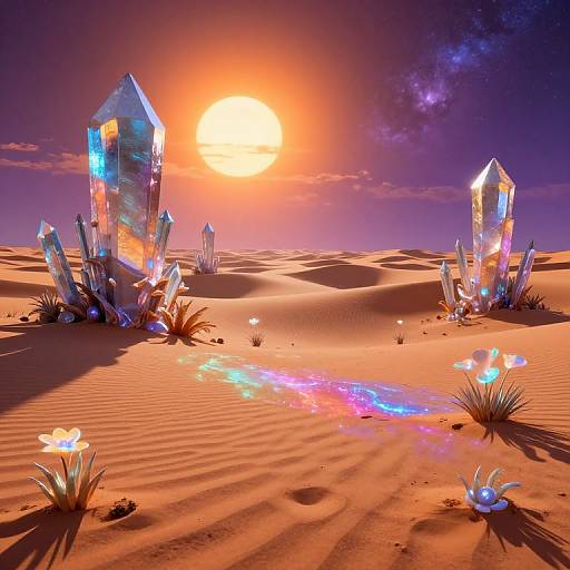 Alien Desert with Giant Crystals and Glowing Plants