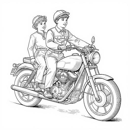 Vintage Style Kids on Classic Motorcycle Outline