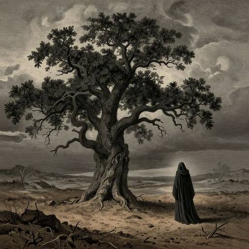 Digital illustration of a lone, hooded figure standing before a twisted, dark tree in a desolate, stormy landscape. Gray, ominous sky.