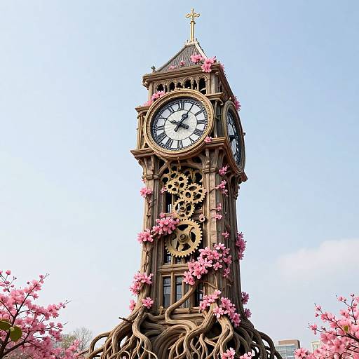 Photograph of a clock tower adorned with pink cherry blossoms and intricate wooden gears, set against a clear blue sky.