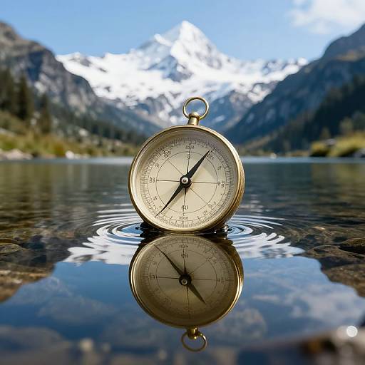 Photograph of a gold pocket watch with a compass dial, standing in a reflective lake with mountainous, snow-capped background.