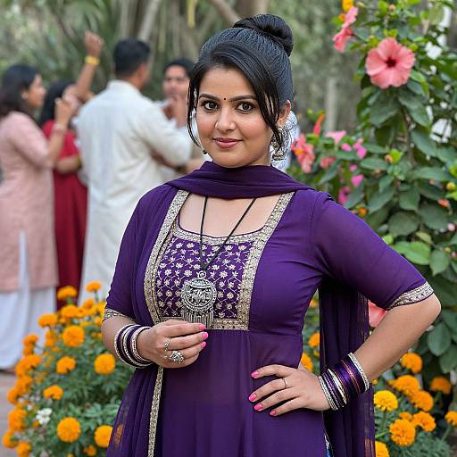 Photograph of a confident Indian woman in a purple salwar kameez with gold embroidery, black hair bun, and pink bindi, standing in