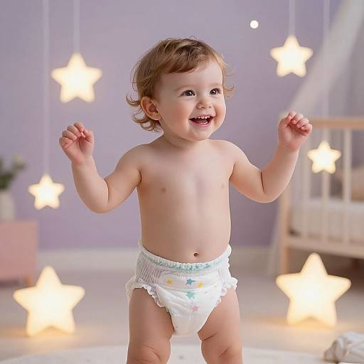 Photograph of a smiling, curly-haired, light-skinned baby standing in a lavender nursery with glowing star-shaped lights, wearing a white diaper with colorful