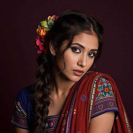 Photograph of an Indian woman with dark hair in a braid, adorned with colorful flowers, wearing a traditional embroidered blue and red saree, against