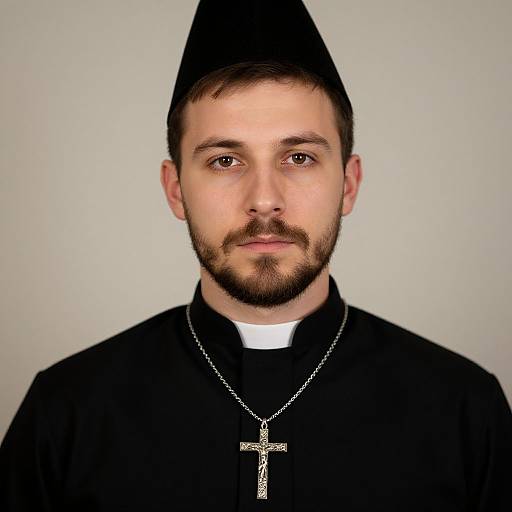 Photograph of a young, bearded Caucasian male Catholic priest with short brown hair, wearing a black cassock, black biretta, and