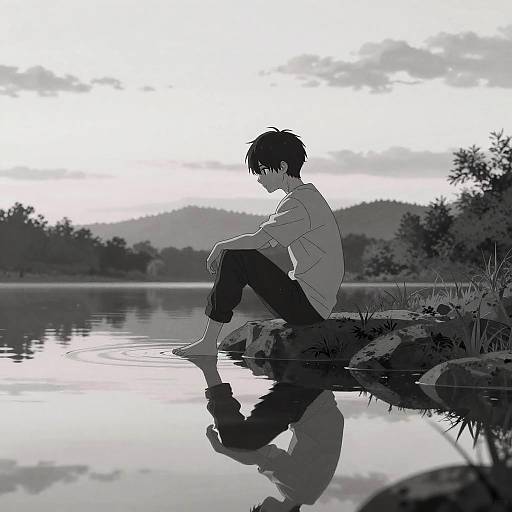 Monochrome anime-style drawing of a young man with short black hair, sitting barefoot by a reflective lake at sunset.