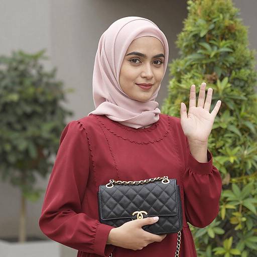Young Woman in Pink Hijab Waving