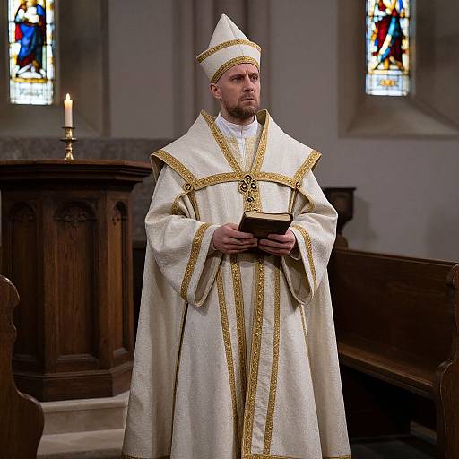 Photograph of a solemn Catholic priest in white and gold vestments, holding a book, standing in a dimly lit church with stained glass windows.