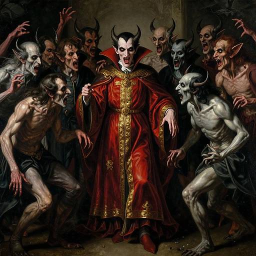 Digital painting of a demonic bishop in a red robe with gold trim, surrounded by snarling, horned, skeletal demons, in a dark,
