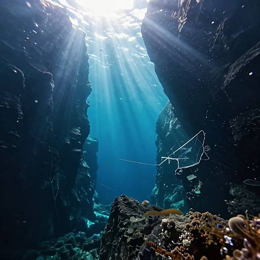 Underwater photograph of sun rays filtering through a rocky canyon, illuminating blue water, coral reefs, and small fish in the foreground.