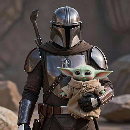 Photorealistic CGI: Armored Mandalorian with helmet holds green, big-eyed, pointy-eared creature in tattered cloth, rocky desert background