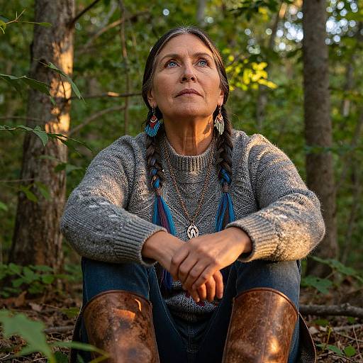 Photograph of a middle-aged woman with braided hair, wearing a gray knit sweater, blue jeans, and brown boots, sitting in a sunlit