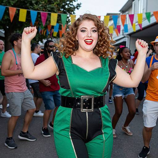 Photograph of a curly-haired woman with fair skin, wearing a green and black jumpsuit, dancing energetically in a colorful street festival with diverse