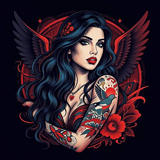 Digital illustration of a tattooed woman with long blue hair, red lips, black angel wings, and vibrant tattoos, set against a red circular background with