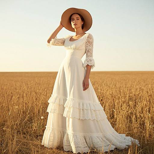 Photograph of a pregnant woman in a white lace dress and wide-brimmed hat, standing in a golden wheat field at sunset.