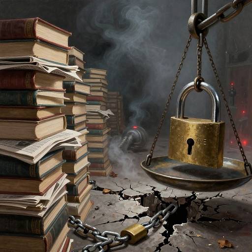 Digital illustration: Stacked books on left, large golden padlock on balance scale with broken chain and cracked floor, smoke rising, dimly lit,