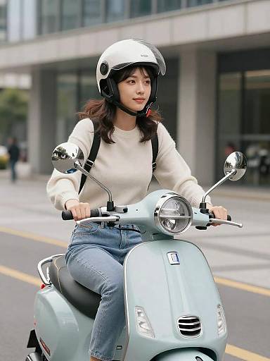Italian Woman Riding Light Blue Scooter