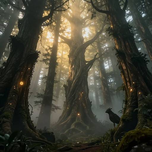 Mystical forest scene: sunbeams filter through towering, twisted trees; glowing fireflies surround a majestic tree; a deer stands alert in the