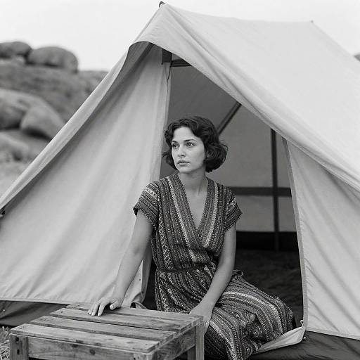 Woman Sitting by Tent in Rocky Landscape
