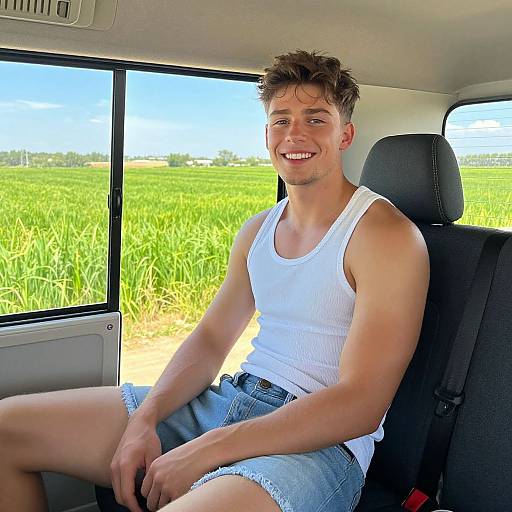 Photograph of a smiling, young, Caucasian man with short brown hair, wearing a white tank top and denim shorts, seated in a car with a