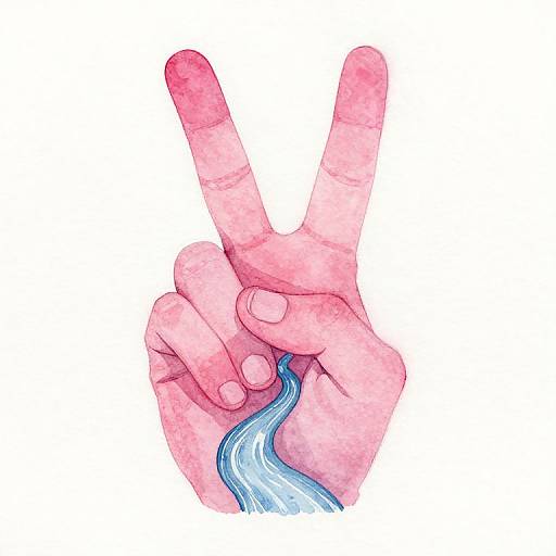 Watercolor illustration of a pink hand making a peace sign with a blue wavy line running through the center.