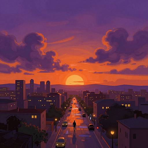 Digital painting of a vibrant sunset over a city street, with a silhouetted figure walking, purple and orange sky, and dark clouds.