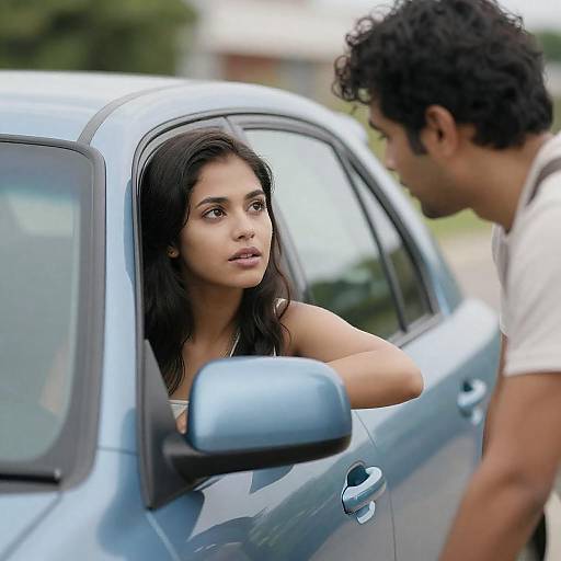 Woman Leaning Out of Car Window Talking to Man