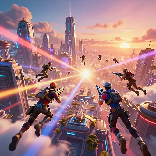 Digital art of futuristic city battle: four armed agents in mid-air, firing guns, with colorful sunlight beams and skyscrapers below.