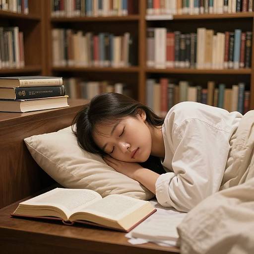 Photograph of an Asian woman with black hair, sleeping on a wooden couch in a library, wearing a white shirt, head resting on a pillow,
