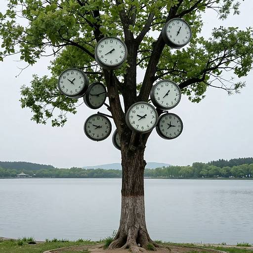 Surreal Clock Tree in Serene Lake