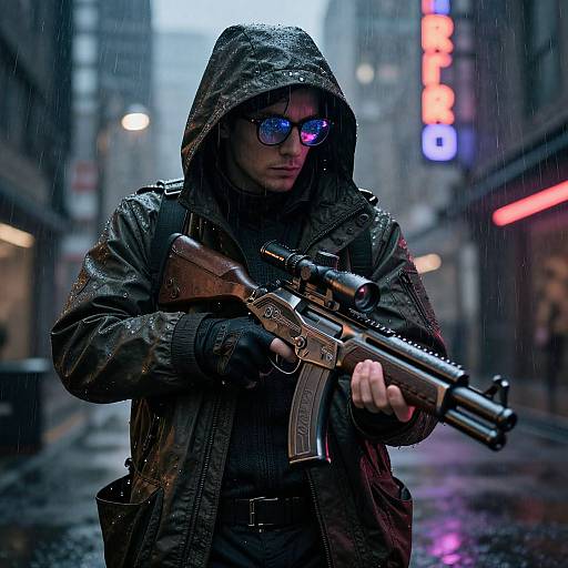Cyberpunk Urban Sniper in Rain