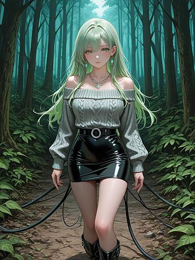 Stylish Woman in Forest Off-Shoulder Sweater and Mini Skirt